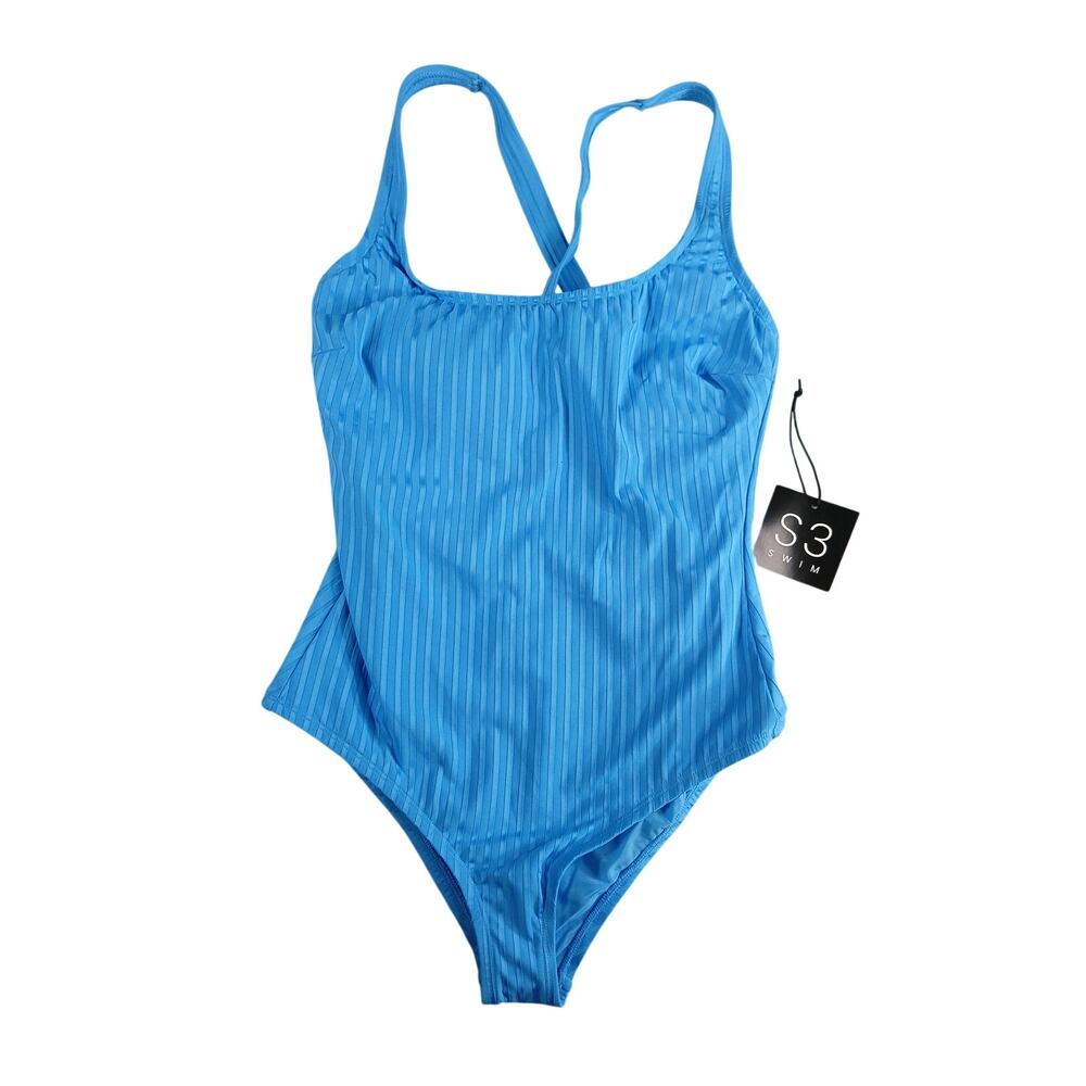 S3 Swimsuit Womens Large Blue One Piece Padded Textured Beach Pool Racerback NWT
